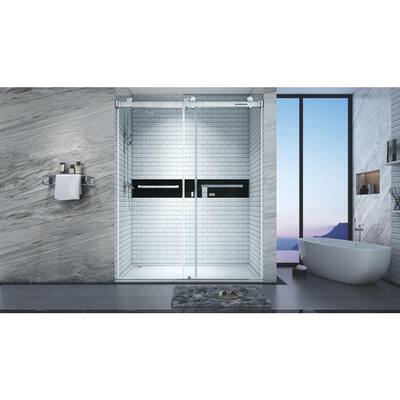 72 in. W x 76 in. H Double Sliding Frameless Shower Door in Brushed Nickel with 3/8 in. (10 mm) Clear Glass