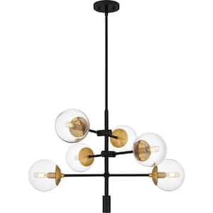 6-Light Matte Black and Gold Cluster Chandelier with Clear Glass Shades