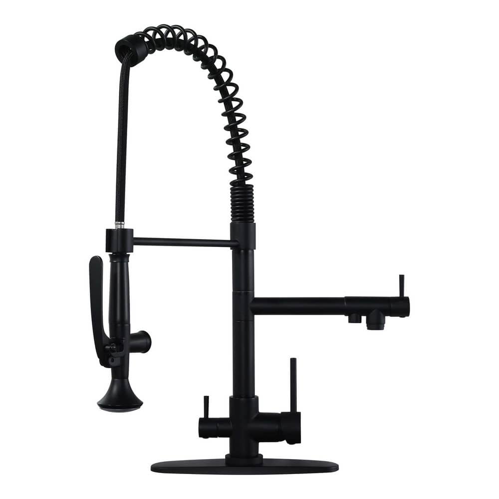 22.3 in. Double Handle Brass Pre-Rinse Spring Pull Down Sprayer Kitchen Faucet with 360° Swivel Spout in Matte Black price history on PriceWatchPro