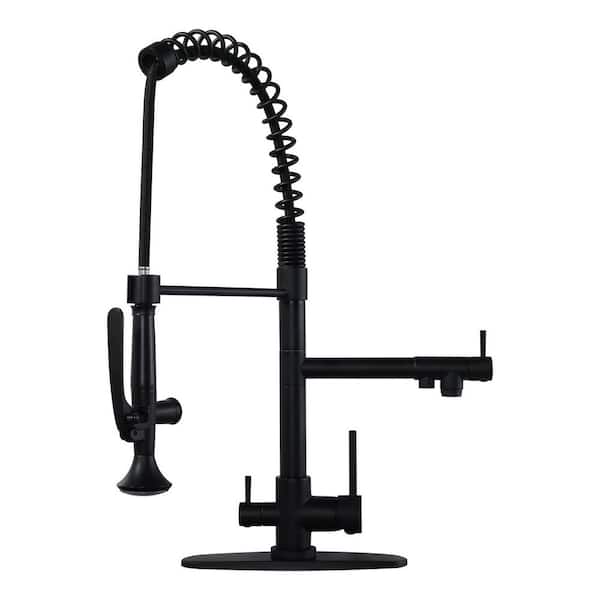 IVIGA 22.3 in. Double Handle Brass Pre-Rinse Spring Pull Down Sprayer Kitchen Faucet with 360° Swivel Spout in Matte Black