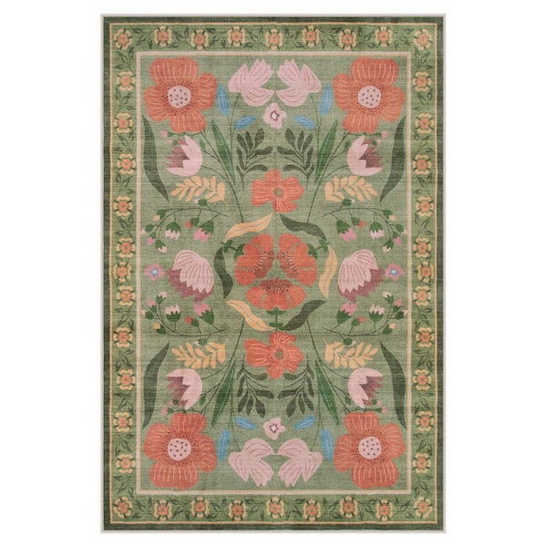 Cottagecore Floral Washable Non-Slip Green 6 ft. x 9 ft. Area Rug