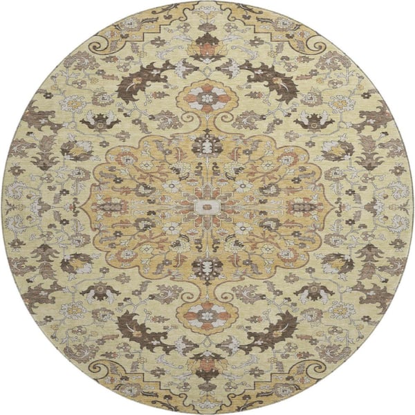 Mayfield Premium Machine Washable Abstract AMF2564 Gold 8 ft. x 8 ft. Round Rug