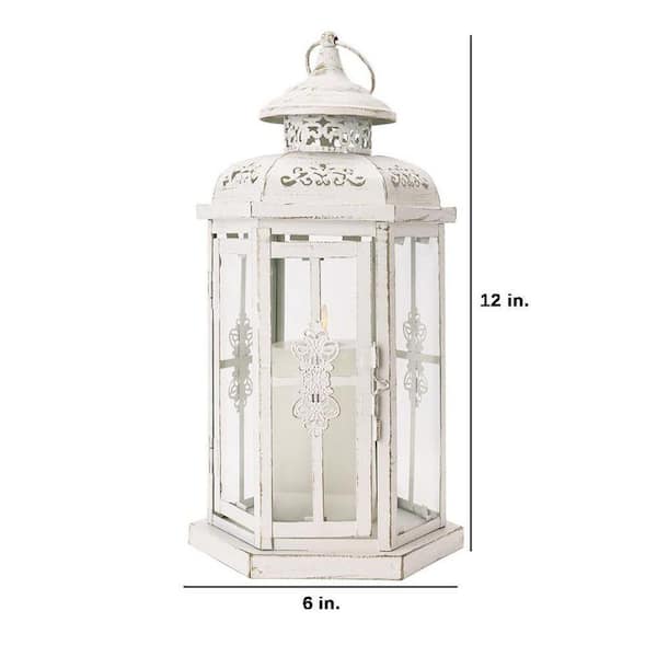 12 in. x 6 in. White Metal Vintage Lantern without Candle