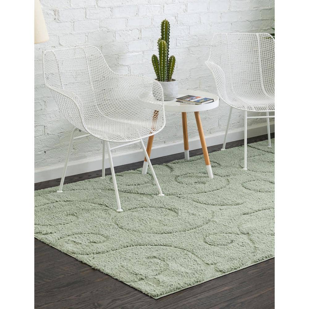 Green Floral Shag Synthetic Rectangular 4' x 6' Area Rug