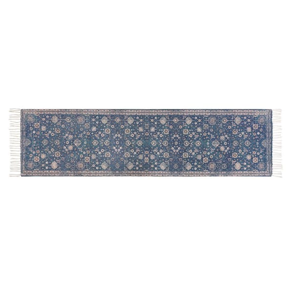 Jessica Simpson Chinille Fringe Machine Washable Blue 2 ft. x 8 ft. Floral Runner Rug