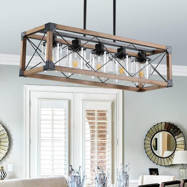 5-Light Walnut Rectangular Farmhouse Chandelier Fixture for Kitchen Island Dining Room with Solid Wood Frame