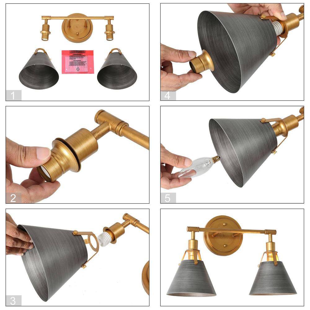 15.5" Brushed Gold and Gray Metal 2-Light Vanity Sconce