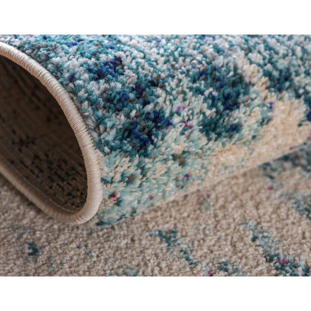 Light Blue Coastal Coral Pattern Synthetic Area Rug, 8' x 10'