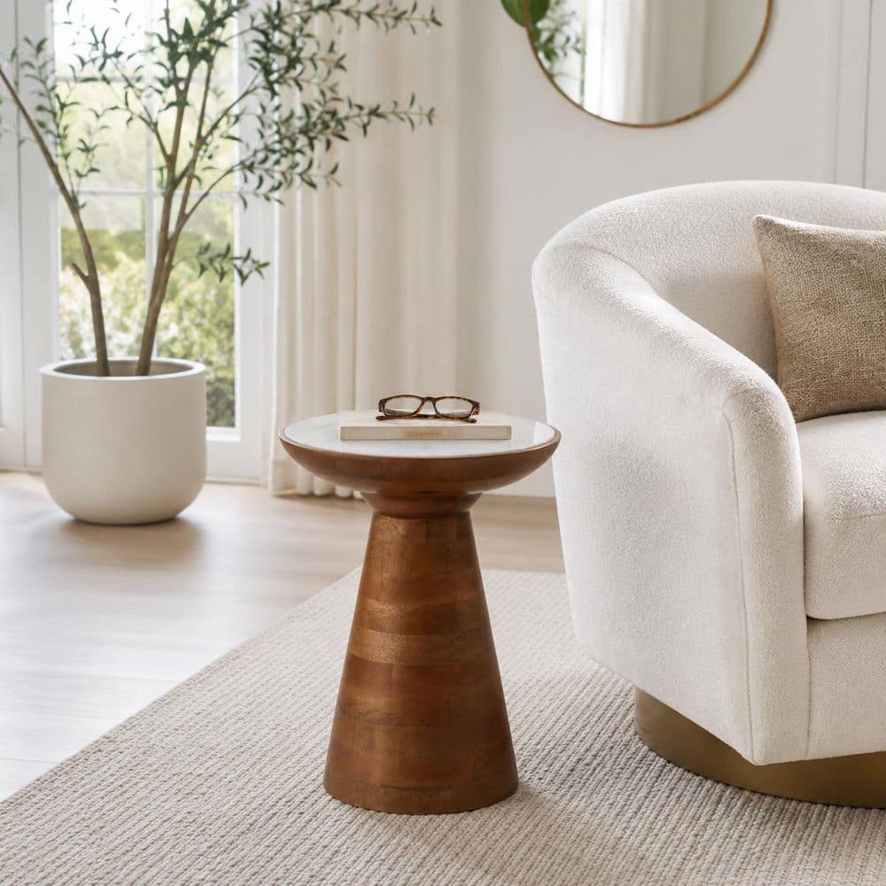 16 in. Natural/White Round Wood Accent Table with Marble Top