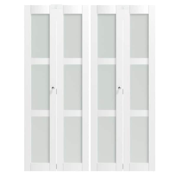 60 in. x 80 in. 3-Panel Frosted Glass Solid Core White PVC Covering MDF Bi-fold Doors with Locks and Handles