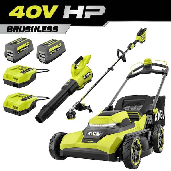 40V HP Brushless 21 in. Cordless Battery Walk Behind Push Lawn Mower w/ Leaf Blower, Trimmer & (2) Batteries & Chargers