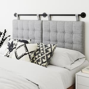 Remi 61 in. W Grey/Black Queen Wall Mount Button Tufted Headboard with Adjustable Straps and Black Metal Rail