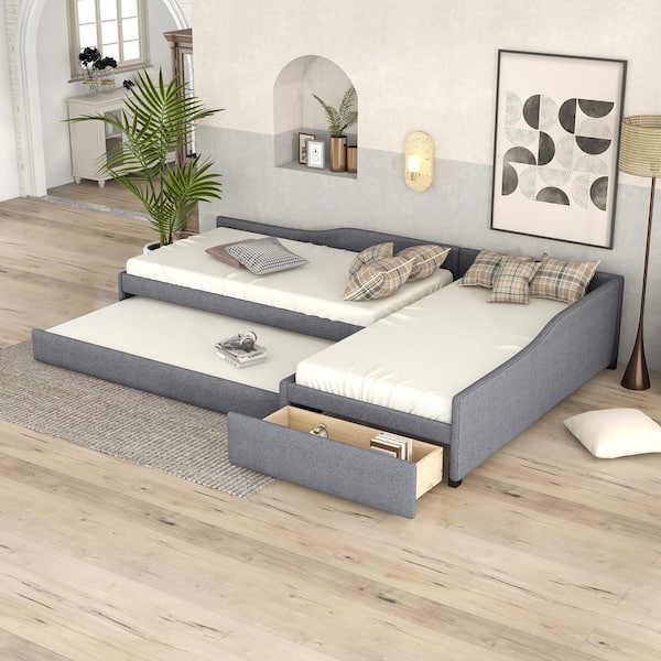 Upholstered Gray Twin Daybed with Trundle and Drawer, Convertible Sofa Bed for 3-Sleepers