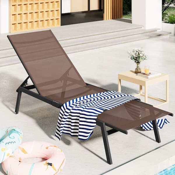 Outdoor Patio Adjustable Chaise Lounge Chairs with Wheels and Adjustable 5-Position Recliner in Brown, 4PCS