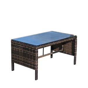 Brown Wicker Outdoor Coffee Table with Clear Tempered Glass