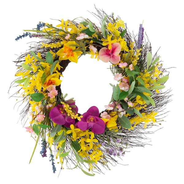 Pure Garden Daisy and Lavender Wreath - 24 in. Artificial Spring Wreath for Home Decor
