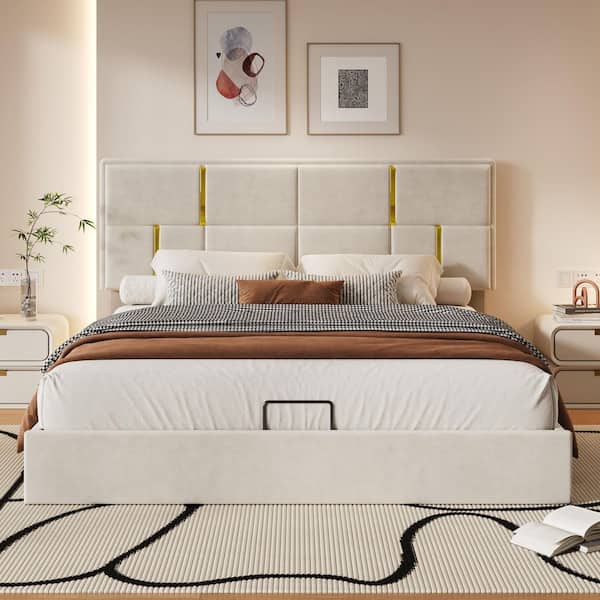 Polibi Beige Wood Frame Queen Size Platform Bed with Hydraulic Storage System
