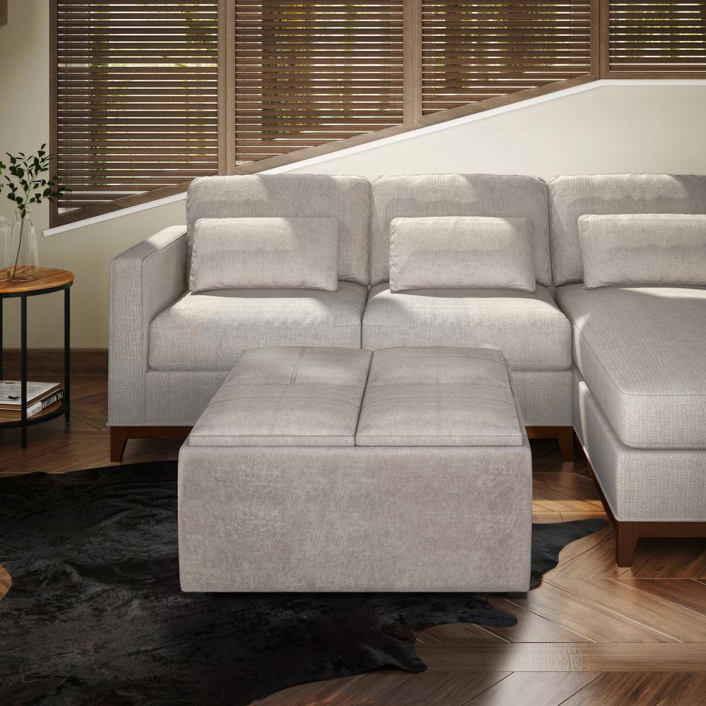 Avalon Distressed Grey Taupe Faux Leather Storage Ottoman