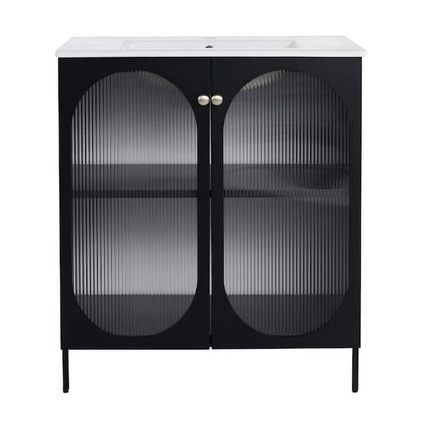 30 in. W x 18.3 in. D x 34.3 in. H Freestanding Bath Vanity in Black with White Ceramic Top