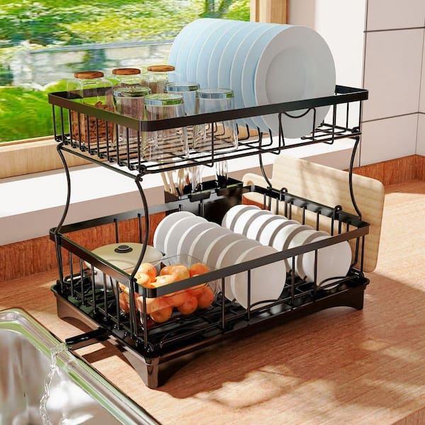 2-Tiers Kitchen Dish Drying Rack with Drainage, Chopstick Holder and Cutting Board Rack, Countertop Storage Organizer