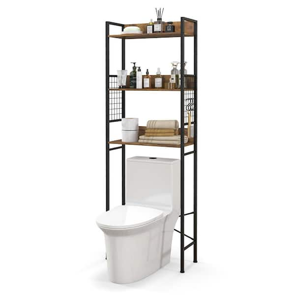 23.5 in. W x 68 in. H x 9.5 in. D Rustic Brown Metal 3-Tier Over-the-Toilet Storage Rack with 3 Hooks