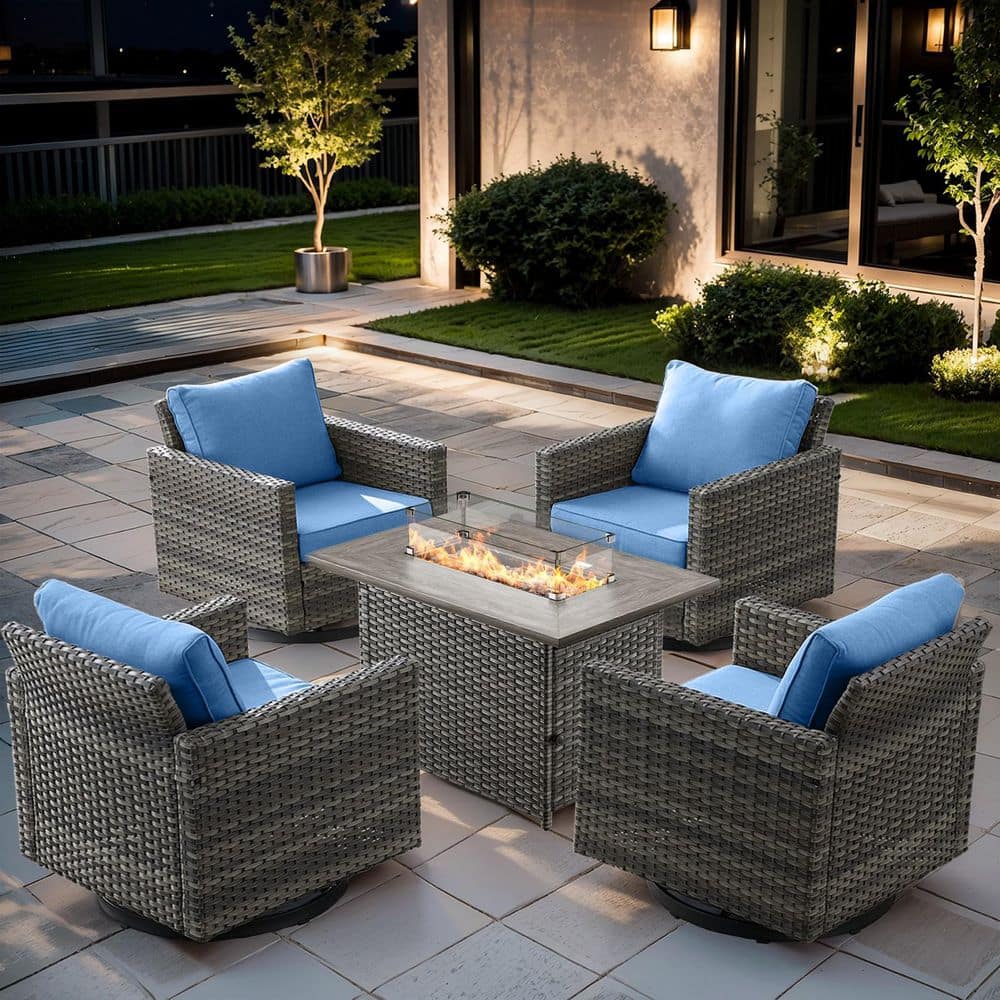 Valenta Gray 5-Piece Wicker Patio Fire Pit Set, Swivel Rocking Chairs Set with Blue Cushions and Firepit Table price history on PriceWatchPro