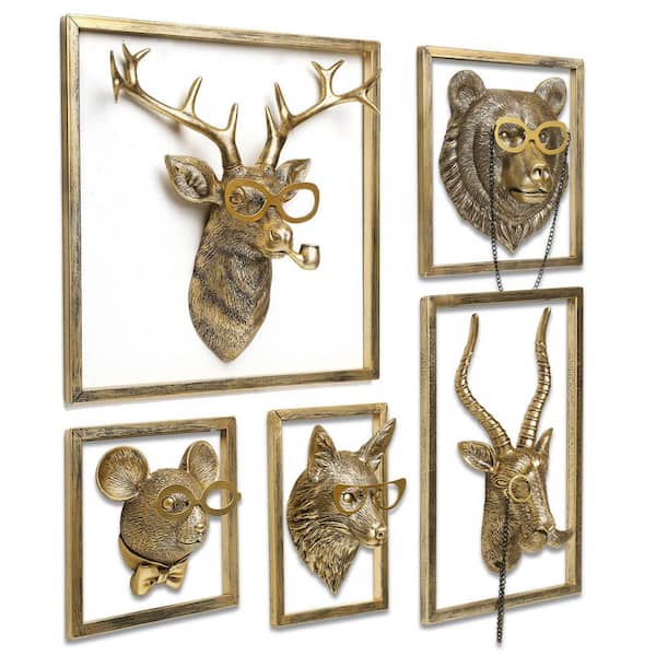 Animal Head Garden Wall Decor (Set of 5 Includes Metal Frame)