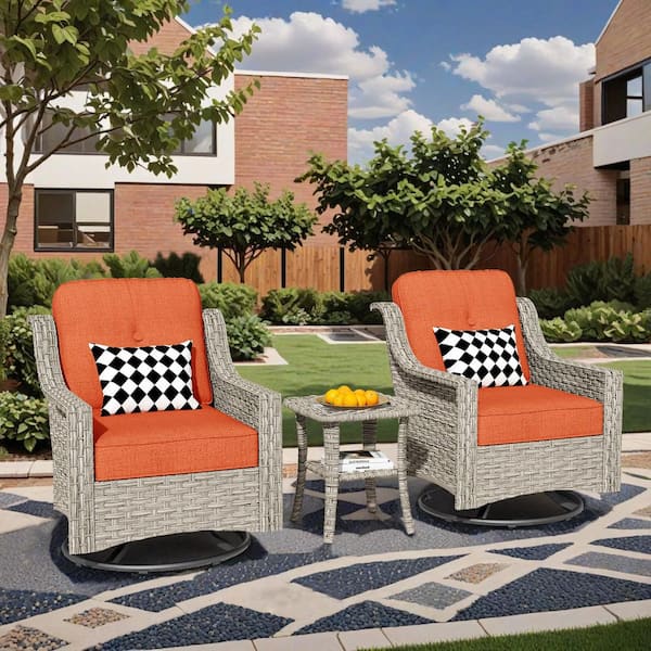 3-Piece Wicker Swivel Outdoor Rocking Chairs Patio Conversation Set with Orange Red Cushions and Side Table