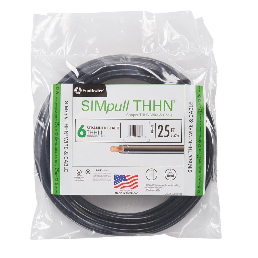 Southwire 25 ft. 6 Black Stranded CU SIMpull THHN Wire 20493361