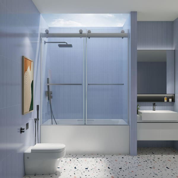 Xspracer Moray 56 in. to 60 in. W x 65 in. H Tempered Glass Double Sliding Frameless Tub Door in Chrome Finish with Clear Glass
