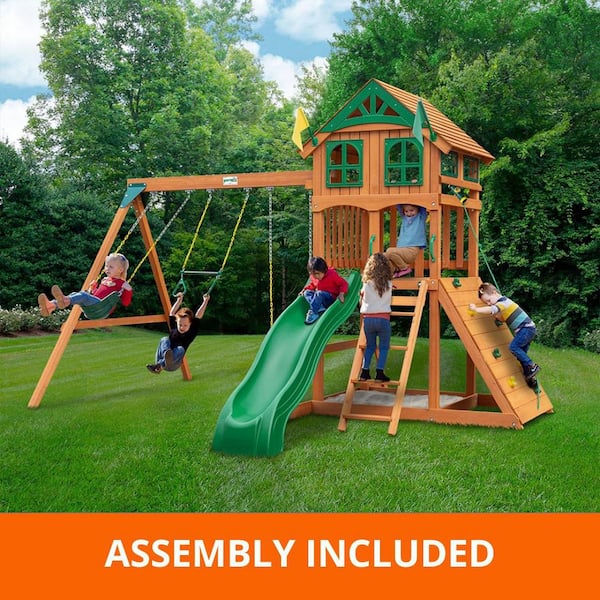 Professionally Assembled Outing III Kids Outdoor Playground Set with Wood Roof, Slide, Sandbox, Rock Wall, and Swing Set