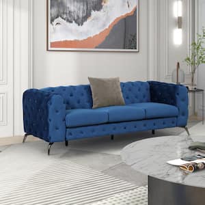 85.5 in Wide Round Arm Velvet Straight Sofa with Button Tufted Back and Sturdy Metal Legs in Blue