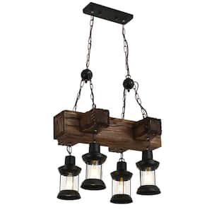 Vintage Industrial 4-Light Wooden Hanging Pendant Light Brown