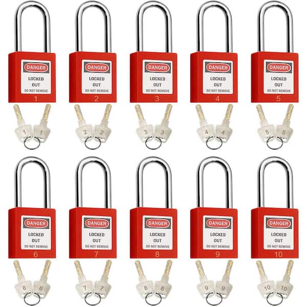 10-Pc Safety Padlock, Keyed Differently, 1-1/2 in. Wide Lock Body, 1/4 in. Diameter Shackle, Red