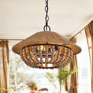 Farmhouse 2-Light Brown Wood Beaded Cage Pendant Light with Rope Shade