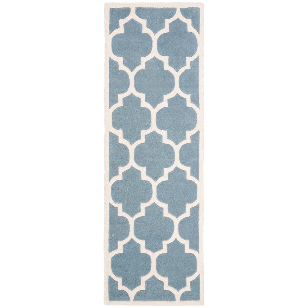 Hand-Tufted Geometric Wool Runner Rug in Blue/Ivory, 27"x8"