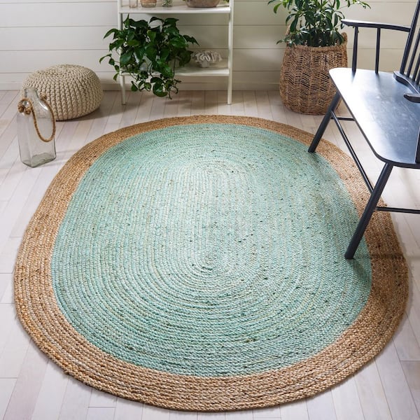 Natural Fiber 4 ft. x 6 ft. Aqua/Natural Geometric Oval Rug