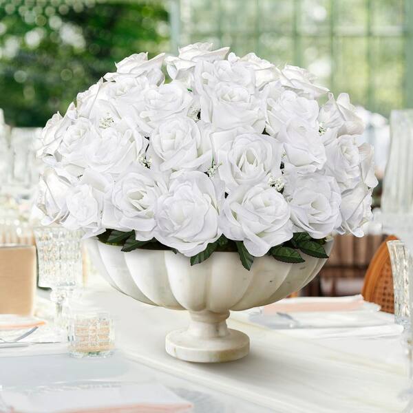 LIVING LUXURY 14 in. White Artificial Open Rose Flower Stem Bush