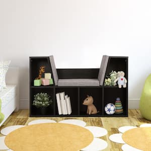 25 in. Kids Bookcase Reading Nook Toy Storage Cabinet with Cushions and 6 Cubbies, Black