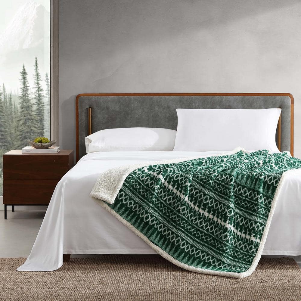 Green and White Reversible Sherpa Fleece Throw Blanket
