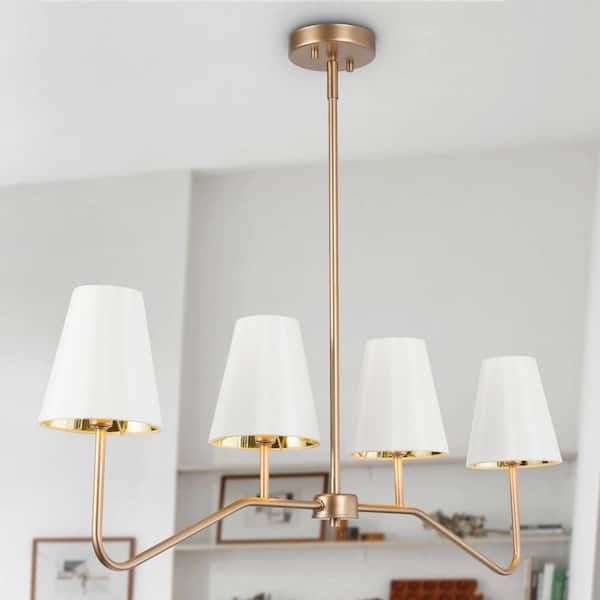 LNC Classic 4-Light Satin Gold Linear Island Chandelier for Kitchen Island, Dining Room, with Bell White Cloth Shades