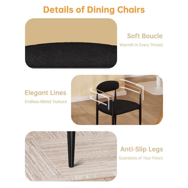 Morden Fort Modern Black Boucle Cushion Seat Dining Chair Set of 2