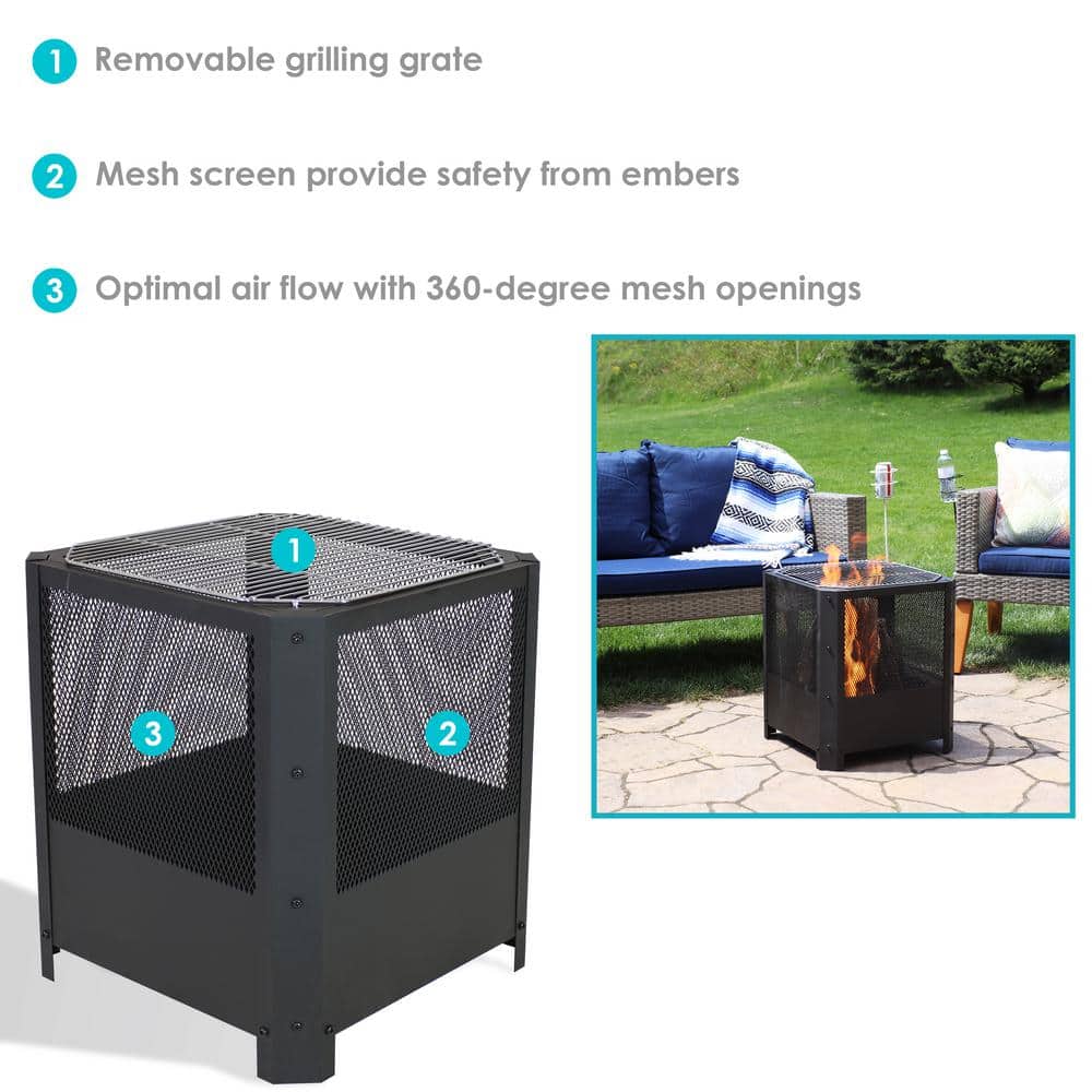 Grelha Black Steel Square Wood-Burning Fire Pit with Grill