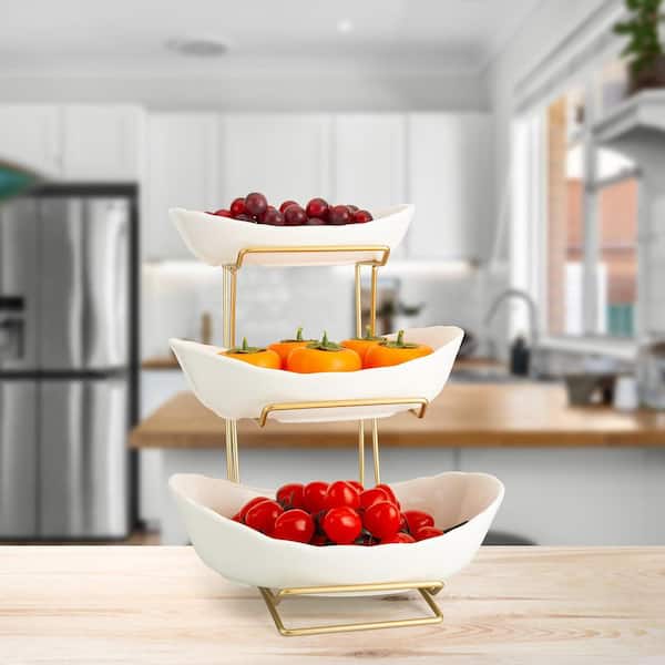 1 Piece 3-Tier White Ceramic Decorative Fruit Bowl Fruteros Para Cocina for Kitchen Counter Storage Set