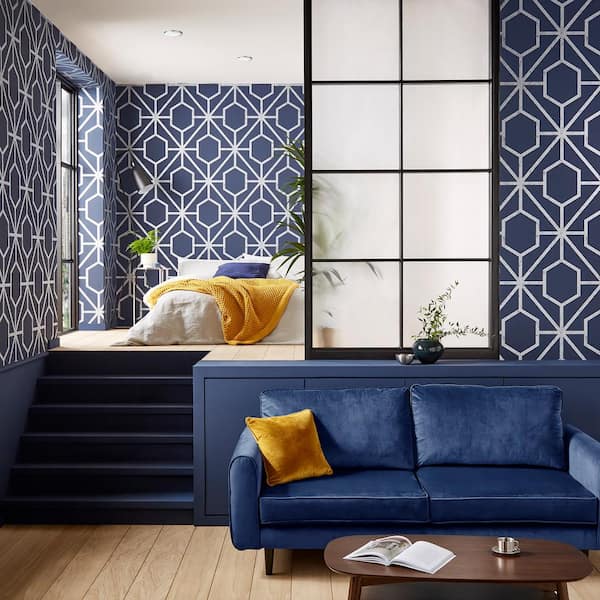 Rinku Navy Blue and Silver Geometric Paste the Wall Wallpaper