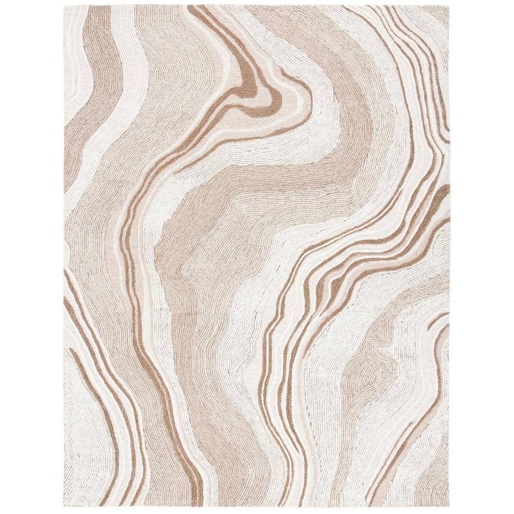 Ivory and Beige Abstract Wool Silk 9' x 12' Rug