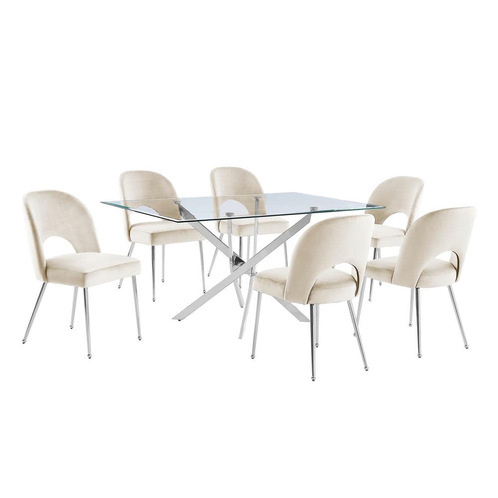 Best Quality Furniture Pete 7Piece Tempered Glass Top and Cream Table