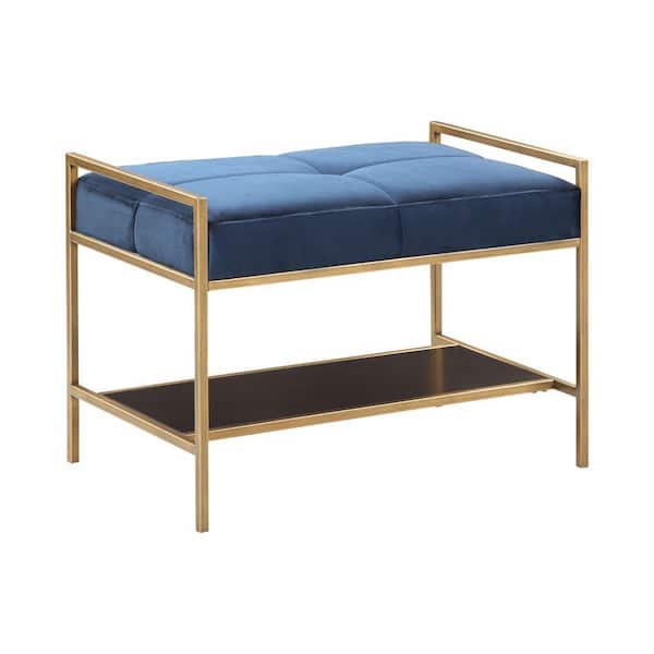 Benjara 28 in. Blue and Gold Backless Bedroom Bench with Fabric Upholstered Plump Seats