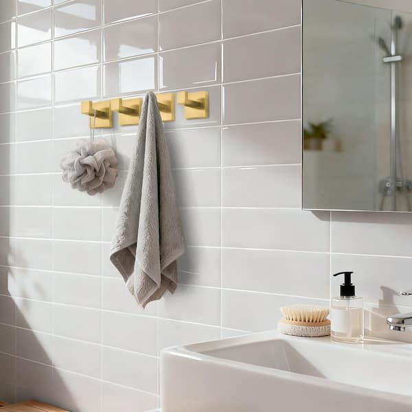 4-pieces Wall-Mounted J-Hook Stainless Steel Bathroom Robe/Towel Hook in Brushed Gold
