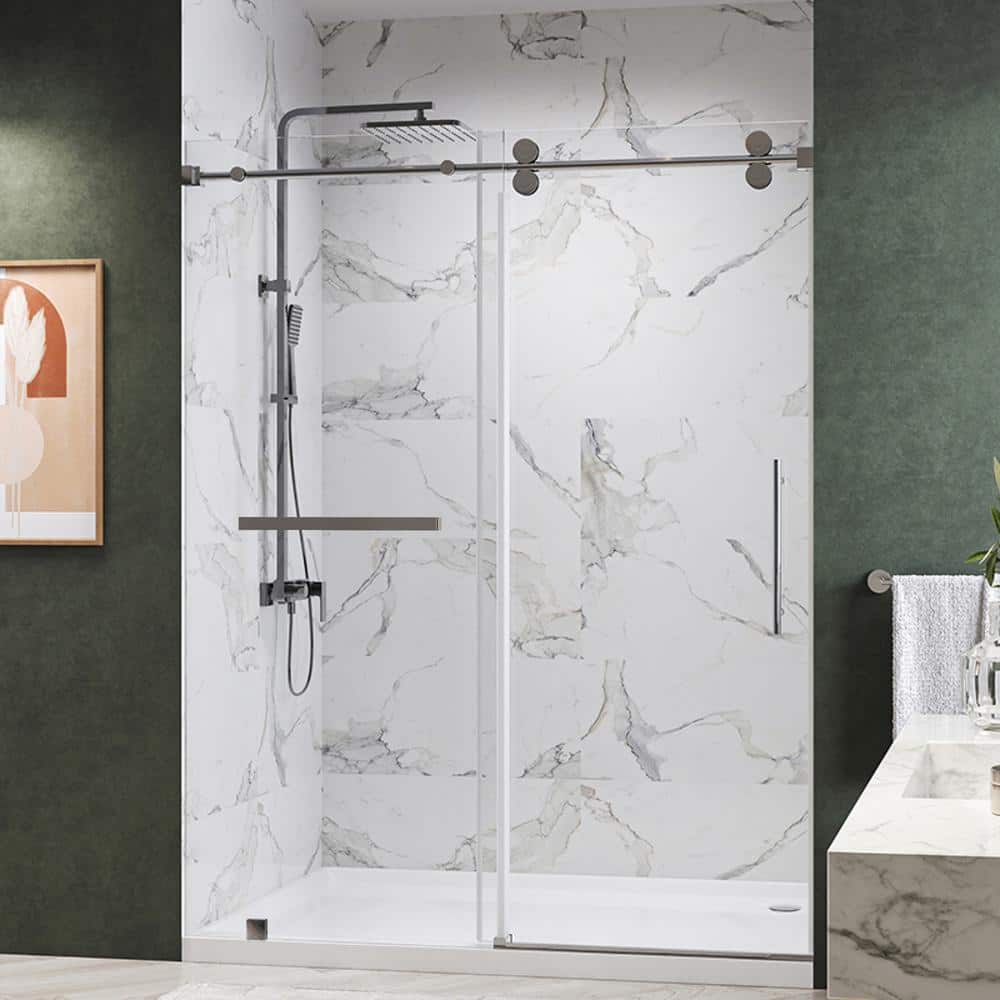 Radiance 54 in. W x 76 in. H Single Sliding Frameless Shower Door in Brushed Nickel Towel Bar with 3/8 in. Clear Glass price history on PriceWatchPro